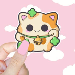 A graphic of Calico Shamrock Lucky Cat Sticker available on HeckinMagical.com