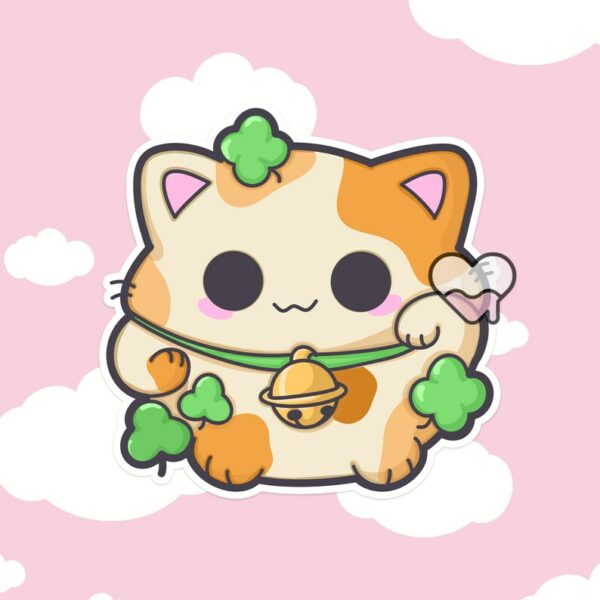 A graphic of Calico Shamrock Lucky Cat Sticker available on HeckinMagical.com