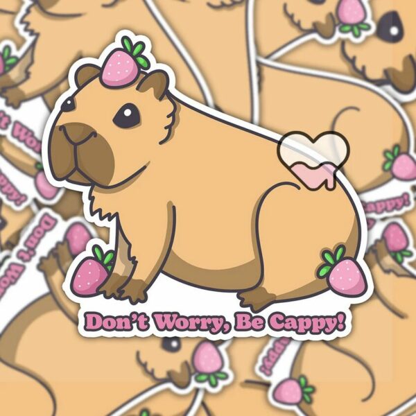 A graphic of Dont Worry Be Cappy Sticker available on HeckinMagical.com