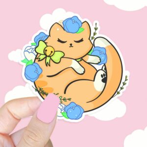 A graphic of Kawaii Floral Orange Cat Sticker available on HeckinMagical.com