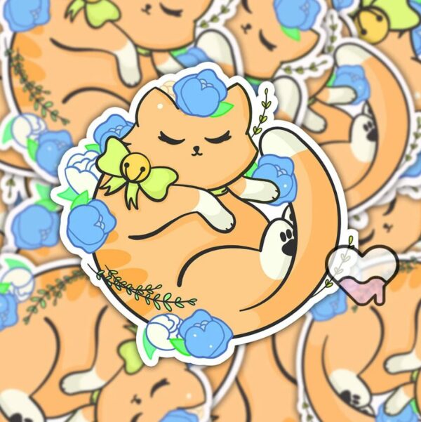 A graphic of Kawaii Floral Orange Cat Sticker available on HeckinMagical.com