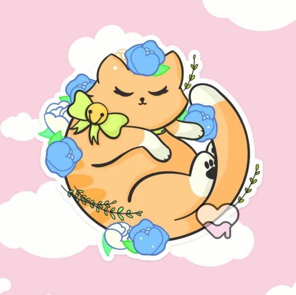 A graphic of Kawaii Floral Orange Cat Sticker available on HeckinMagical.com