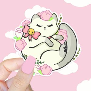 A graphic of Kawaii Floral White Cat Sticker available on HeckinMagical.com