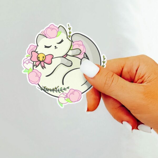 A graphic of Kawaii Floral White Cat Sticker available on HeckinMagical.com