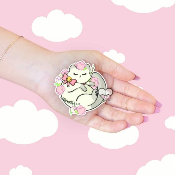 A graphic of Kawaii Floral White Cat Sticker available on HeckinMagical.com