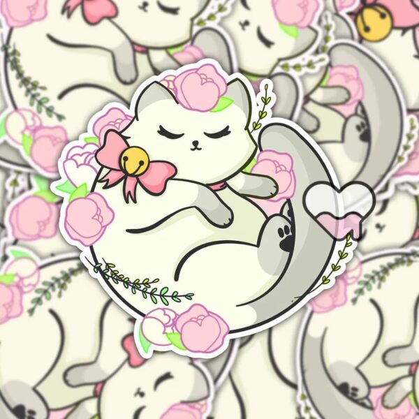 A graphic of Kawaii Floral White Cat Sticker available on HeckinMagical.com