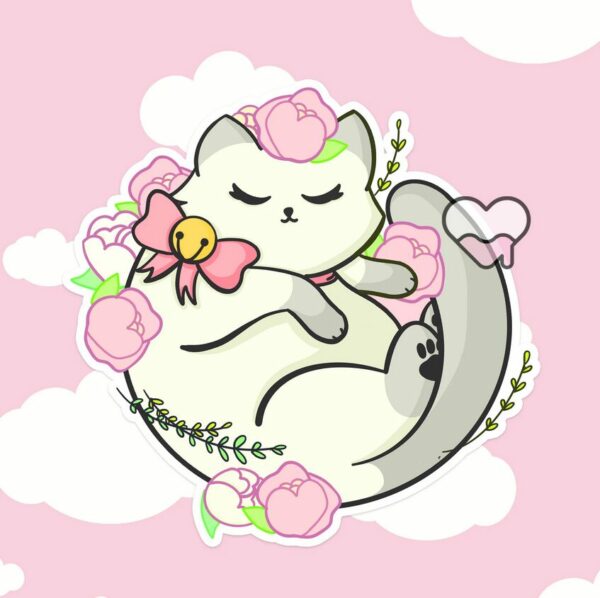 A graphic of Kawaii Floral White Cat Sticker available on HeckinMagical.com