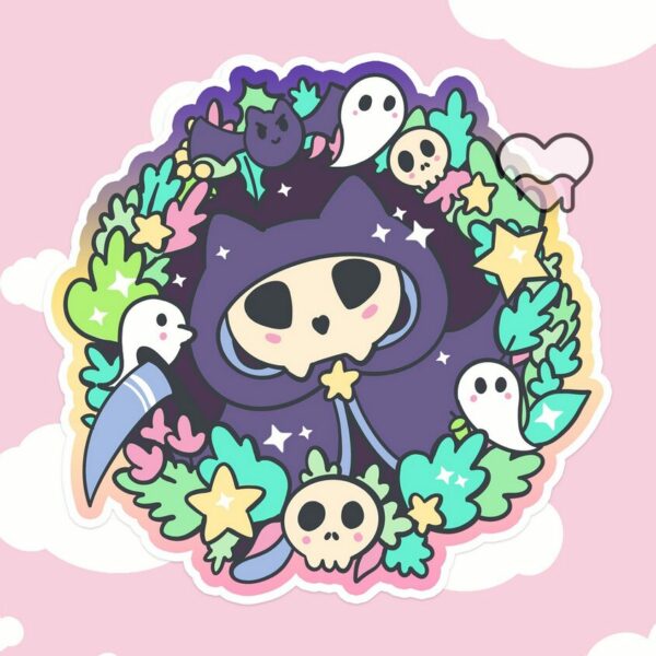 A graphic of Kitty Reaper Sticker available on HeckinMagical.com