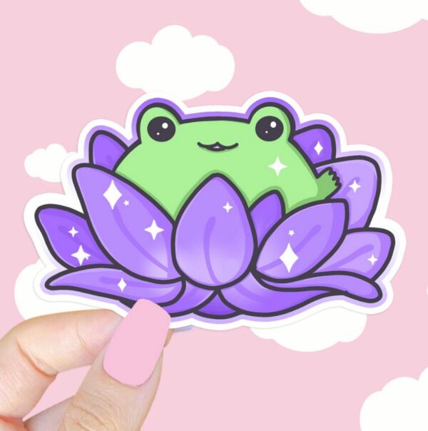 A graphic of Lotus Frog Purple Sticker available on HeckinMagical.com