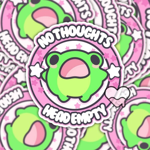 A graphic of No Thoughts Head Empty Frog Sticker available on HeckinMagical.com