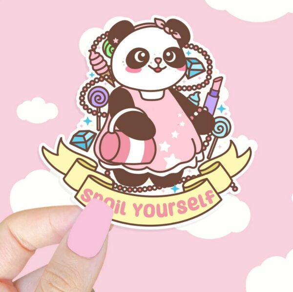 A graphic of Petal The Panda Spoil Yourself Sticker available on HeckinMagical.com