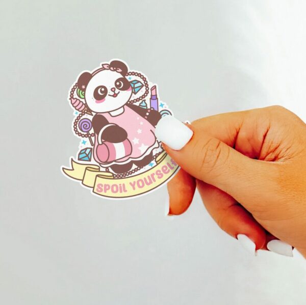 A graphic of Petal The Panda Spoil Yourself Sticker available on HeckinMagical.com