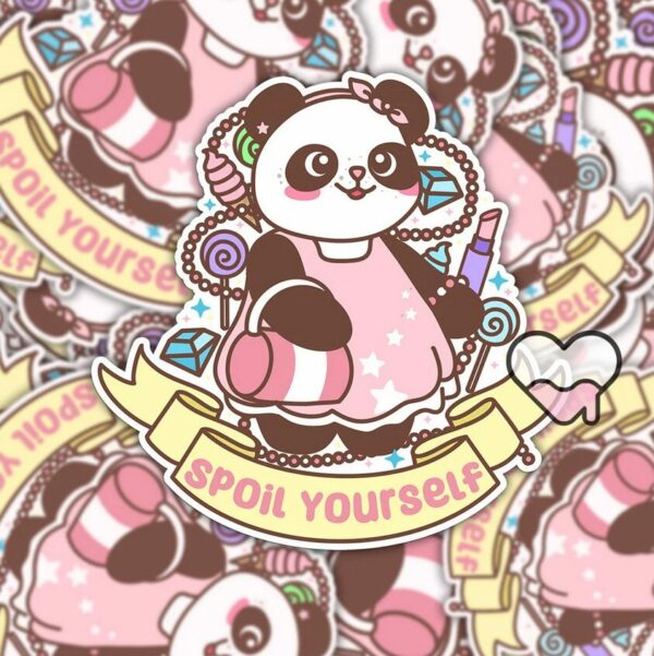 A graphic of Petal The Panda Spoil Yourself Sticker available on HeckinMagical.com