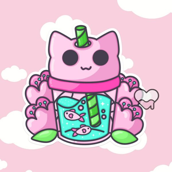 A graphic of Pink Kitty Juice Sticker available on HeckinMagical.com