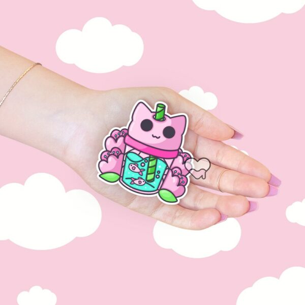 A graphic of Pink Kitty Juice Sticker available on HeckinMagical.com