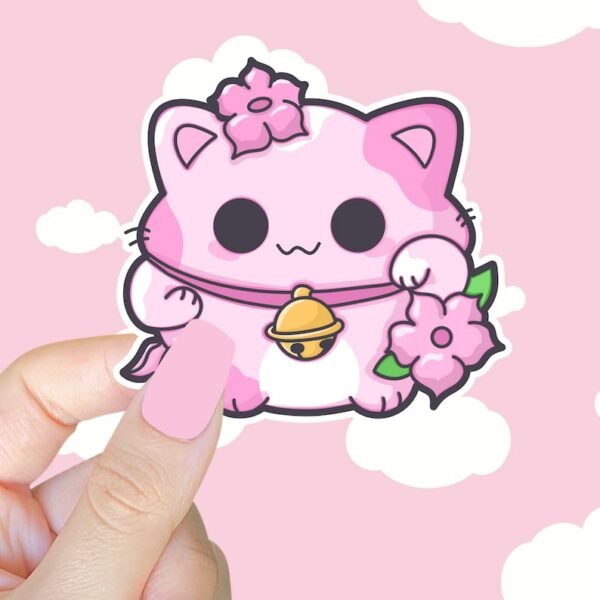 A graphic of Pink Lotus Lucky Cat Sticker available on HeckinMagical.com