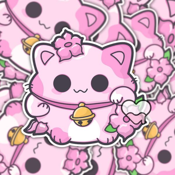 A graphic of Pink Lotus Lucky Cat Sticker available on HeckinMagical.com