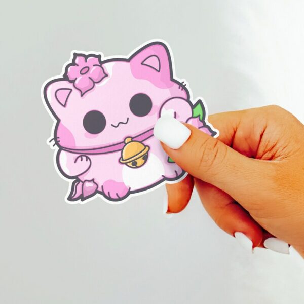 A graphic of Pink Lotus Lucky Cat Sticker available on HeckinMagical.com