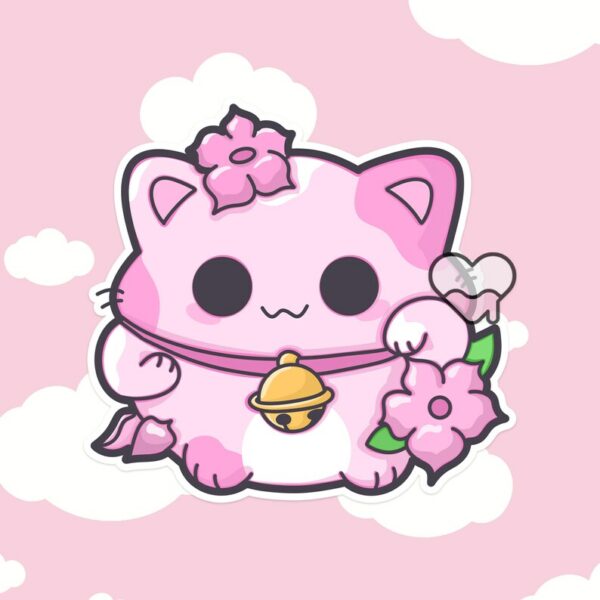 A graphic of Pink Lotus Lucky Cat Sticker available on HeckinMagical.com