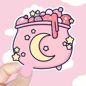 A graphic of Pink Moon Cauldron Sticker available on HeckinMagical.com