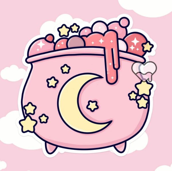 A graphic of Pink Moon Cauldron Sticker available on HeckinMagical.com