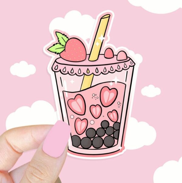 A graphic of Strawberry Boba Sticker available on HeckinMagical.com