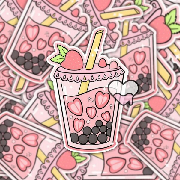 A graphic of Strawberry Boba Sticker available on HeckinMagical.com