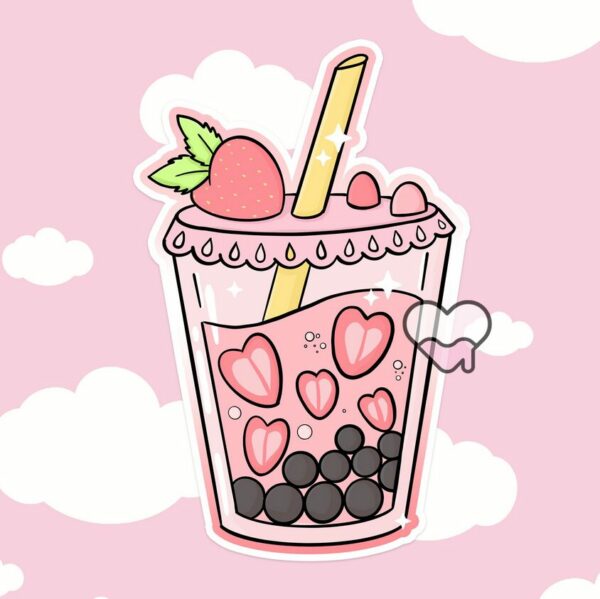 A graphic of Strawberry Boba Sticker available on HeckinMagical.com