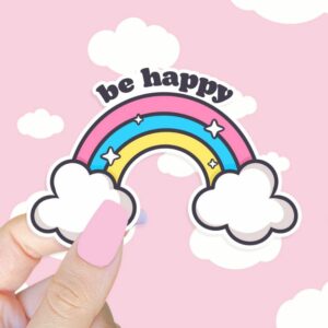 A graphic of Be Happy Rainbow Sticker available on HeckinMagical.com