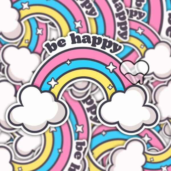 A graphic of Be Happy Rainbow Sticker available on HeckinMagical.com