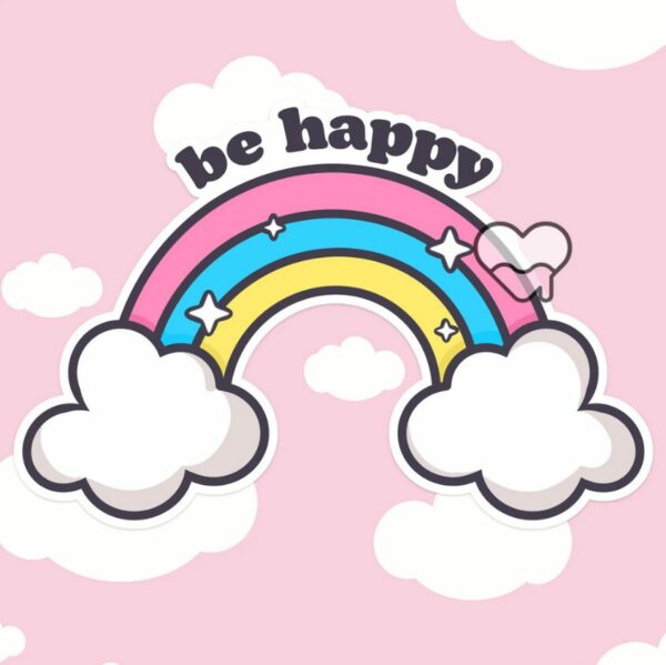 A graphic of Be Happy Rainbow Sticker available on HeckinMagical.com