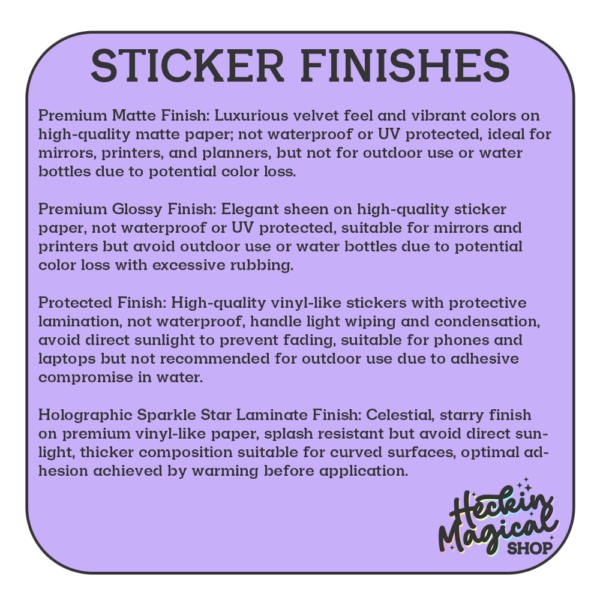 A graphic of Sticker Finishes Samples available on HeckinMagical.com