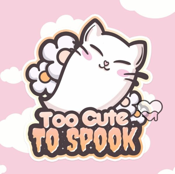 A graphic of Too Cute To Spook Cat Ghost Sticker available on HeckinMagical.com