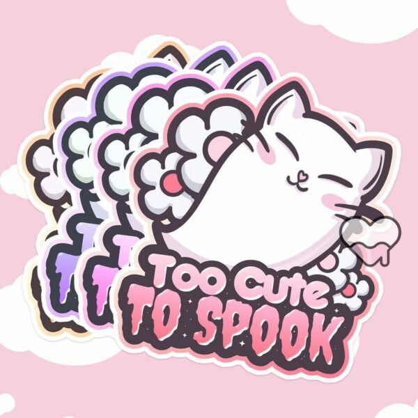 A graphic of Too Cute To Spook Cat Ghost Sticker available on HeckinMagical.com