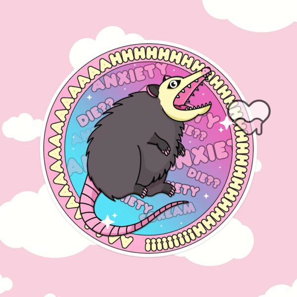 A graphic of Ahhh Anxiety Possum Round Sticker available on HeckinMagical.com