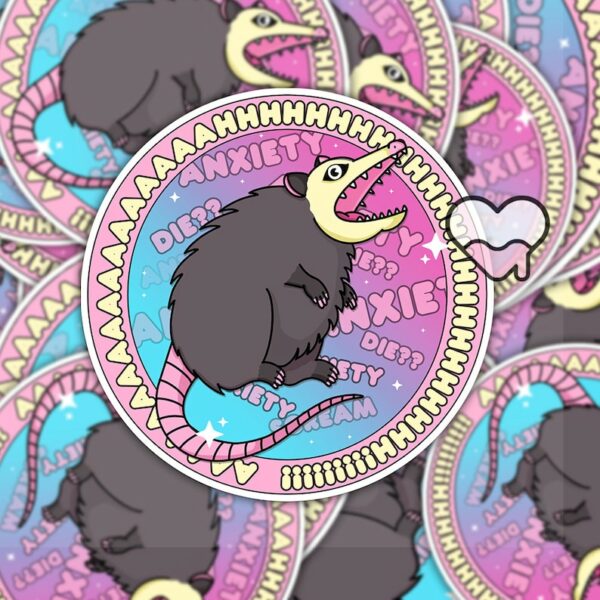 A graphic of Ahhh Anxiety Possum Round Sticker available on HeckinMagical.com