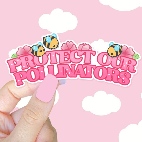 A graphic of Bumbly Bee Protect Our Pollinators Sticker available on HeckinMagical.com