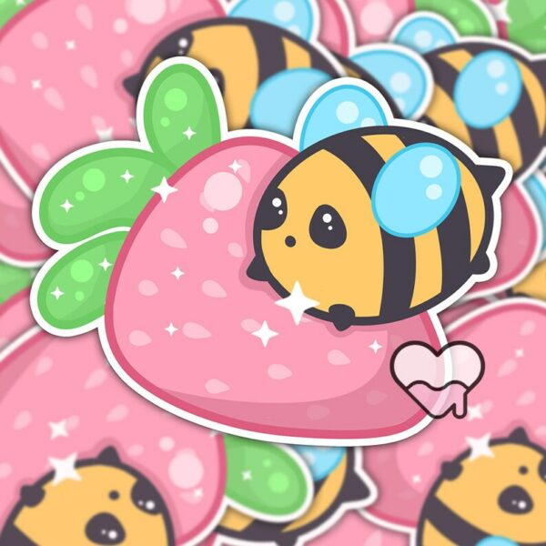 A graphic of Bumbly Bee Strawberry Friend Sticker available on HeckinMagical.com