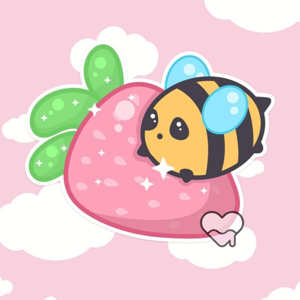 A graphic of Bumbly Bee Strawberry Friend Sticker available on HeckinMagical.com