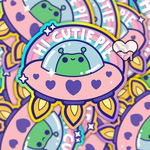 A graphic of Hi Cutie Pie Alien Sticker available on HeckinMagical.com