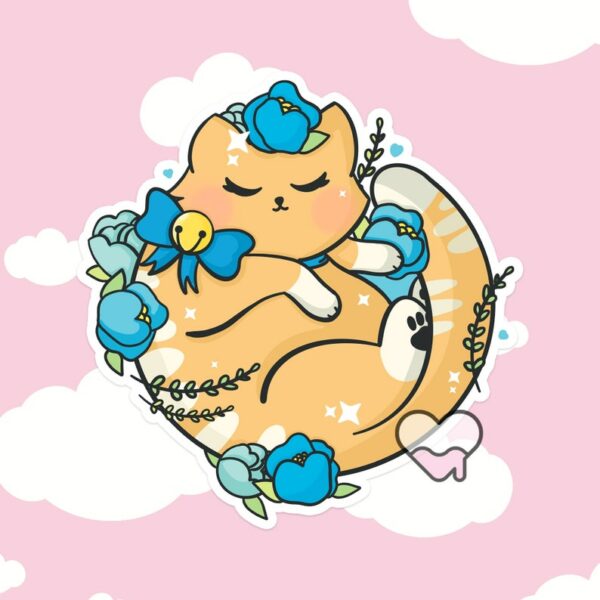 A graphic of Kawaii Floral Tabby Cat Sticker available on HeckinMagical.com