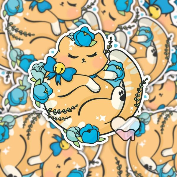 A graphic of Kawaii Floral Tabby Cat Sticker available on HeckinMagical.com