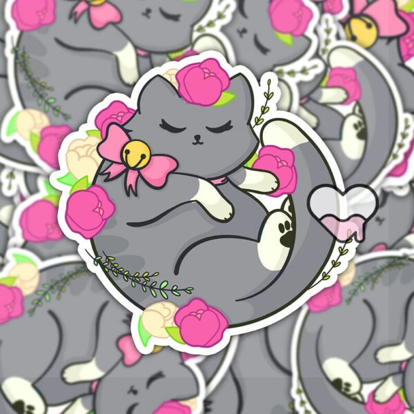 A graphic of Kawaii Gray Floral Kitty Sticker available on HeckinMagical.com