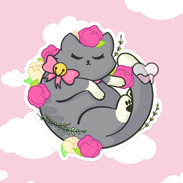 A graphic of Kawaii Gray Floral Kitty Sticker available on HeckinMagical.com