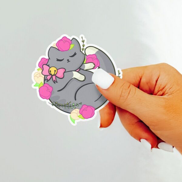 A graphic of Kawaii Gray Floral Kitty Sticker available on HeckinMagical.com