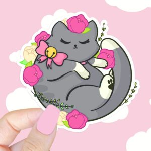 A graphic of Kawaii Gray Floral Kitty Sticker available on HeckinMagical.com