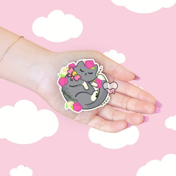 A graphic of Kawaii Gray Floral Kitty Sticker available on HeckinMagical.com