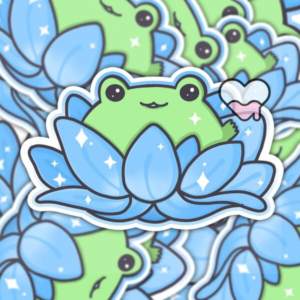 A graphic of Lotus Frog Blue Sticker available on HeckinMagical.com