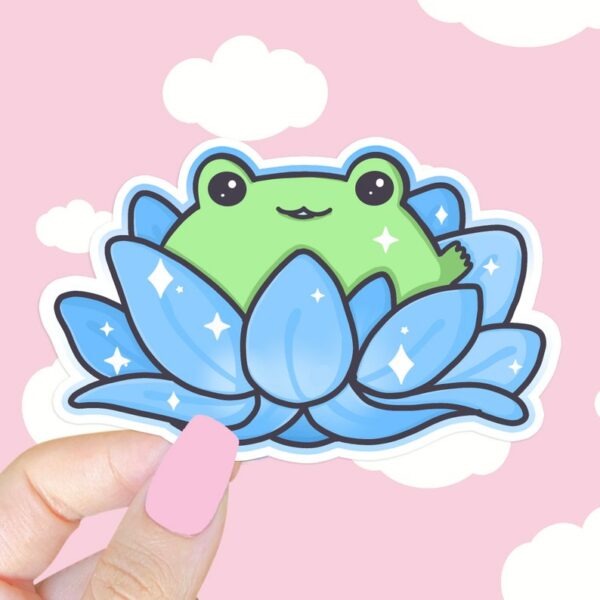 A graphic of Lotus Frog Blue Sticker available on HeckinMagical.com