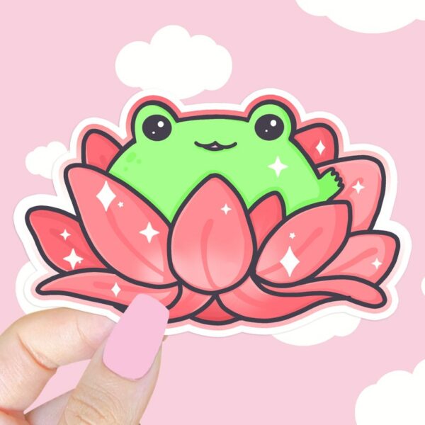 A graphic of Lotus Frog Pink Sticker available on HeckinMagical.com